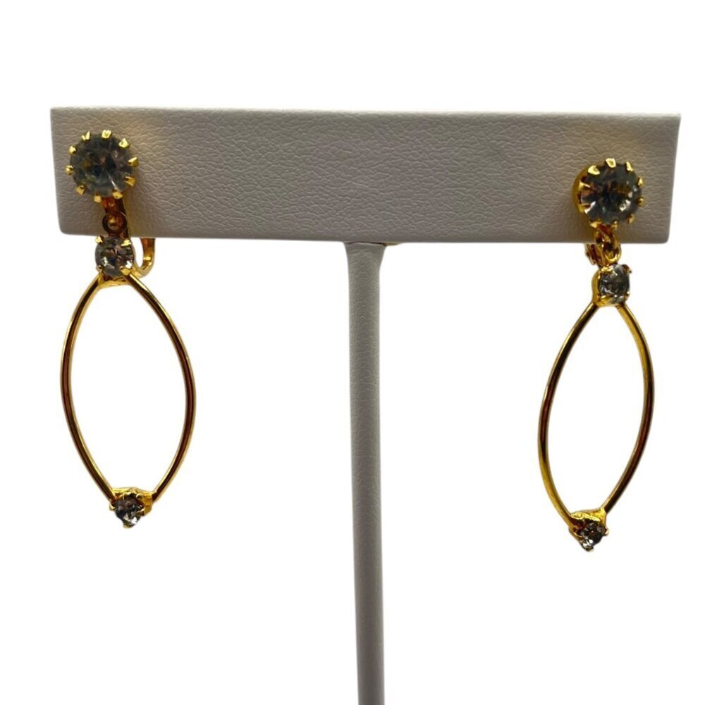 Vintage Gold Tone Clip On Dangle Drop Earrings Clear White Crystal Accent Dressy